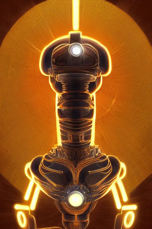 Image similar to ultradetailed ornate retro-future illustration of a robot radiating glowing aura, fully clothed with an art deco costume, digital airbrush painting, 3d rim light, hyperrealistic masterpiece, artstation, cgsociety, golden ratio