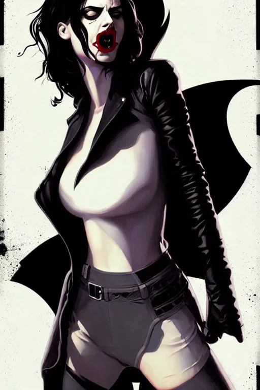 Image similar to rafael albuquerque comic art, peter mohrbacher, phil noto, steve niles, artgerm, pretty willa holland vampire sharp vampire teeth open mouth, symmetrical eyes, black leather jacket, jeans, long black hair