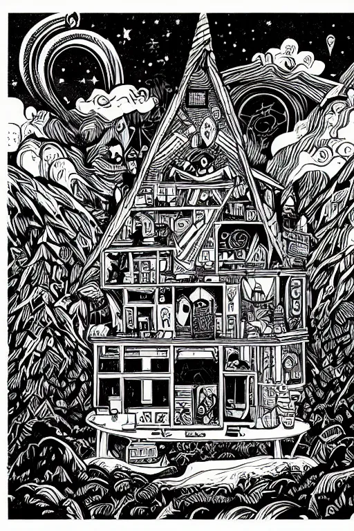 Image similar to mcbess illustration of a magical, mystical wizards house full of potions, rainbow gouache