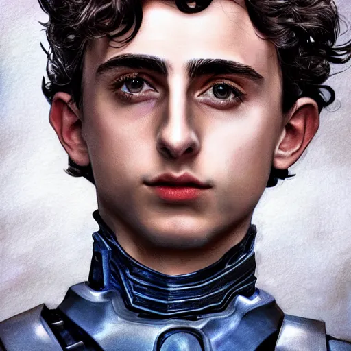 Prompt: timothee chalamet wearing a mech suit, digital art, focus rack, by artgerm