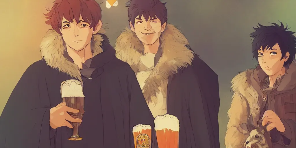 Image similar to a two german shepherds beast - men, holding a mug of beer, a lot of pockets, fur cape, tavern background, magical, bright, colorful, fantastic lighting, amazing details, 4 k uhd, illustration by hayao miyazaki and makoto shinkai and ilya kuvshinov, artstation, pixiv,