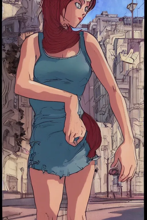 Image similar to portrait of an attractive young female protagonist, center focus, ponytail, skirt, tank - top, in city street, detailed face, artwork by ralph bakshi