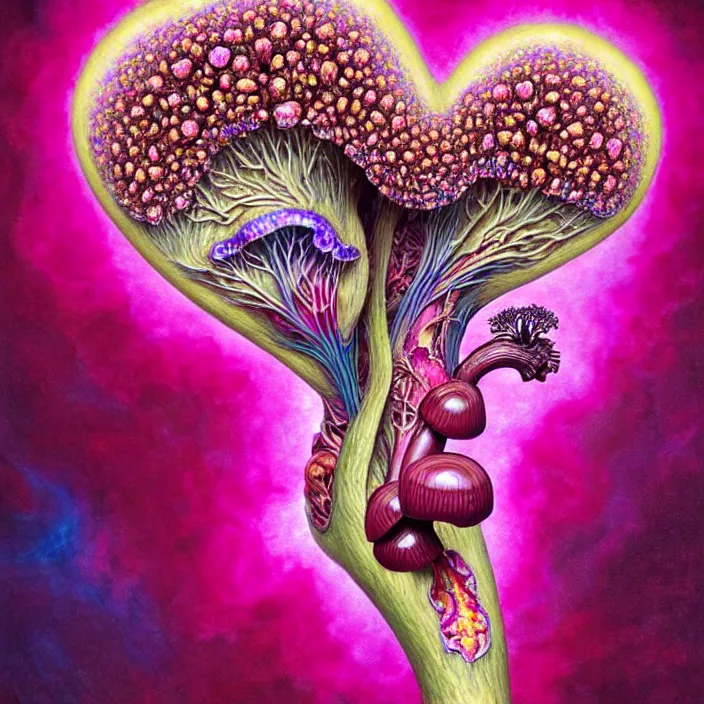 Image similar to extremely psychedelic organic human heart made of orchid and cherry blossom tree and mushroom, LSD heart, diffuse lighting, fantasy, intricate, elegant, highly detailed, lifelike, photorealistic, digital painting, artstation, illustration, concept art, smooth, sharp focus, art by John Collier and Albert Aublet and Krenz Cushart and Artem Demura and Alphonse Mucha