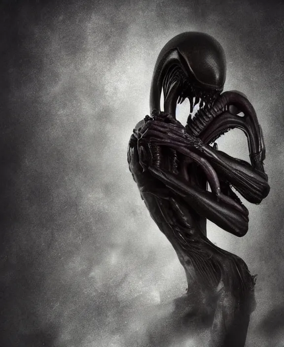 Image similar to xenomorph hugging pale sad beauty merging, dark mist colors, giger background liminal void, digital art, cinematic lighting, realistic, award winning photograph, various refining methods, micro macro autofocus