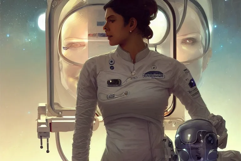 Prompt: Sensual beautiful female pale young Indian doctors wearing Deus Ex clothing in a space station above Earth, portrait, elegant, intricate, digital painting, artstation, concept art, smooth, sharp focus, illustration, art by artgerm and greg rutkowski and alphonse mucha