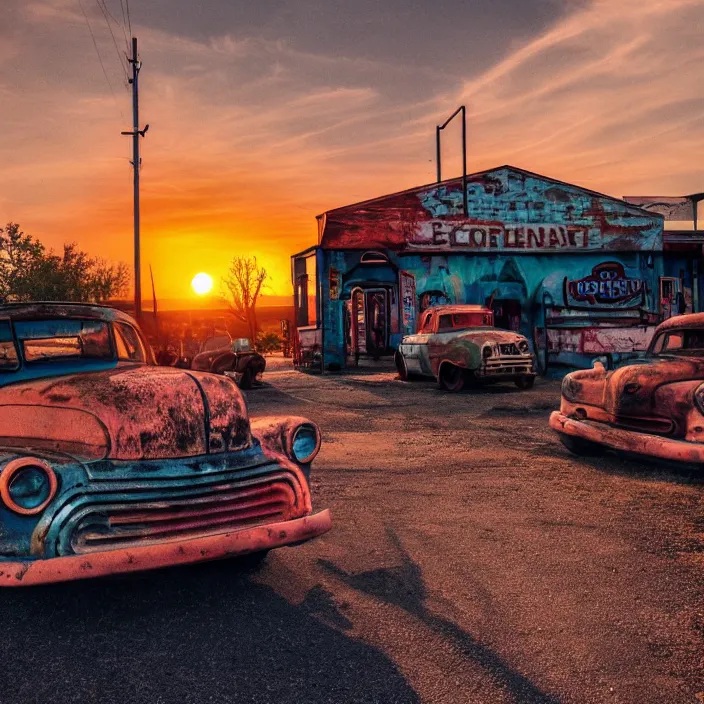 Image similar to a sunset light landscape with historical route 6 6, lots of sparkling details and sun ray ’ s, blinding backlight, smoke, volumetric lighting, colorful, octane, 3 5 mm, abandoned gas station, old rusty pickup - truck, beautiful epic colored reflections, very colorful heavenly, softlight