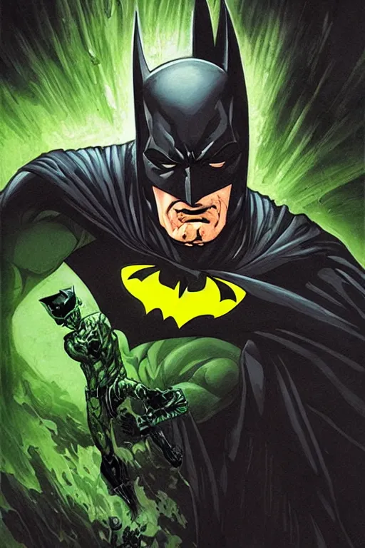 Image similar to angry batman, with dark ghost smokes around, green scary lights, illustration, jason fabok, jim lee, mark brooks, alex ross style, dark fantasy color scheme, cinematic, mysterious, artgem