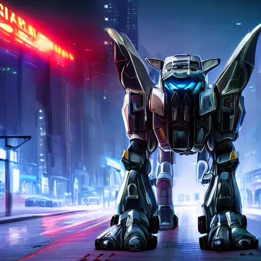 Image similar to hyper realistic, photographic, highly detailed cinematic full body shot of a 4 legged giant mecha canine, sharp claws, sleek armor, glowing visor, charging through city, destroying city, digital art, furry art, dragon art, zoids art, furaffinity, deviantart