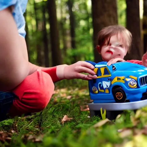 Prompt: toddler putting a sticker on a truck in the woods