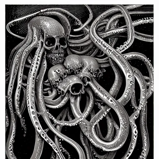 Prompt: terrifying wet glistening tentacles, specular rim lighting, a skeletal face leers