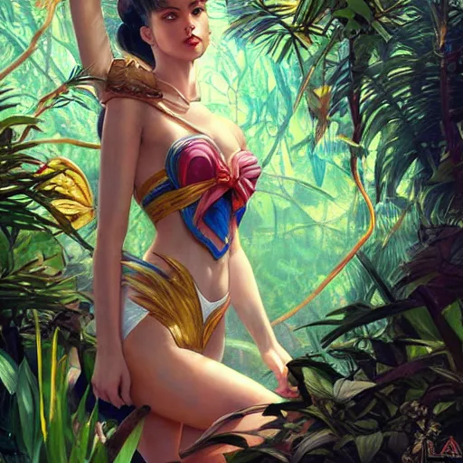 Image similar to Sailor Moon, queen of the jungle, fully clothed, pet animal, jungle fantasy, intricate, cinematic lighting, highly detailed, digital painting, artstation, concept art, smooth, sharp focus, illustration, art by Artgerm and Greg Rutkowski and Alphonse Mucha