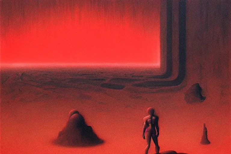 Image similar to only with red, a red god of death eat apple, a futuristic city on mars in background, floor are worms, in the style of beksinski, part by hopper, part by rodcenko, part by hofbauer, intricate composition, red by caravaggio, insanely quality, highly detailed, masterpiece, red light, artstation