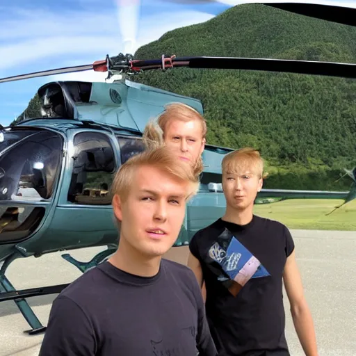 Image similar to painting of blonde swedish guy and tall korean guy in front or robinson r 4 4 helicopter