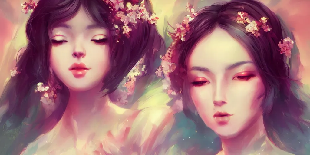 Image similar to a portrait of a very beautiful and sensual goddess with halo behind her head, in the style of WLOP and Ross Tran and Hsiao-Ron Cheng