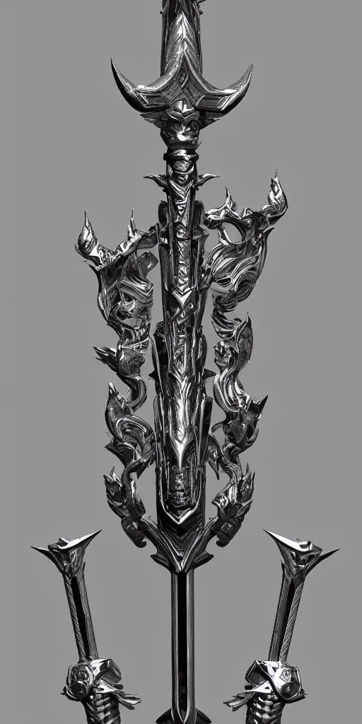 Image similar to a black and silver stylized sword skull crest, ornament, weapon, a 3 d render by dom qwek, front side, concept art, trending on polycount, artstation, hard surface modeling, rendered in maya, zbrush, hd, blizzard, symmetry