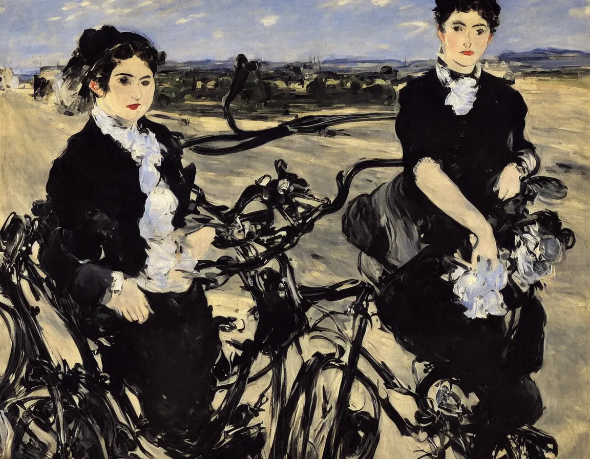 Image similar to edouard manet. a wide portrait of a marie from the side all dressed in black on a motorcycle on a highway looking over her shoulder towards us. blue sky. there is another motorcycle blurred in the background. precise thin brush strokes. expressive. emotional. modern.