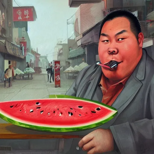 Image similar to In front of a watermelon stall near the street, a pockmarked Chinese fat guy, with a cigarette in his mouth, looked at you contemptuously,digital art,trending on artstation.