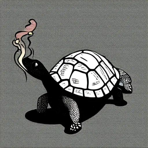 Prompt: storybook illustration of a smoking turtle, storybook illustration, monochromatic, white background