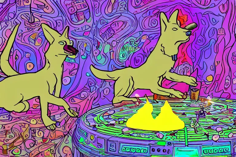 Prompt: a dingo who is a psychedelic music DJ. He has a house for a body. There are candles all around. He is tripping on LSD. Highly detailed, Cinematic. Cartoon style. 4k, Realistic, detailed.