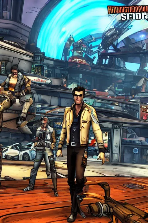 Image similar to handsome jack in the centre of the frame with borderlands 2 backdrop