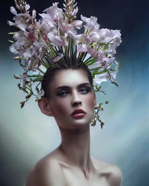 Image similar to portrait of a gorgeous young gladioli queen, uniquely beautiful, surreal, fantasy, ornamental, intricate, elegant, dramatic lighting, emotionally evoking symbolic metaphor, highly detailed, lifelike, photorealistic, digital painting, artstation, concept art, smooth, sharp focus, illustration, art by John Collier and Krenz Cushart and Artem Demura and Alphonse Mucha and Albert Aublet