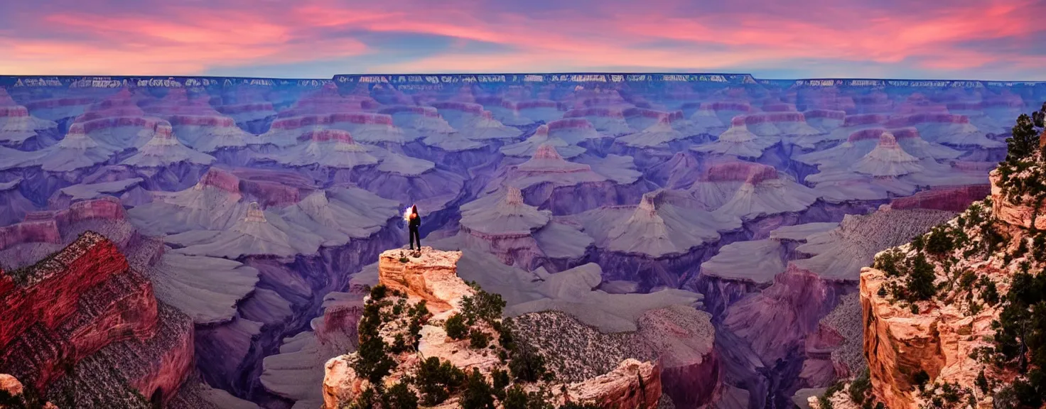 Prompt: Grand Canyon, night scenery, group of tourists and minivan standing at the edge and photographing a big neon-lit figure floating in the sky above the Grand Canyon, beautiful lighting, professional photography