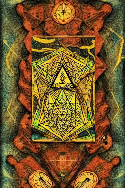 Prompt: a template of a tarot card, psychedelic, lsd, old, paper texture, da vinci code, sacred geometry, mushrooms,