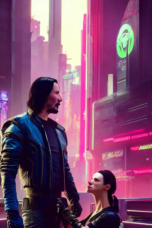 Image similar to a cyberpunk 2077 couple portrait of Keanu Reeves & female android final kiss in the night city,love,art by John Collier and Albert Aublet and Krenz Cushart and Artem Demura and Alphonse Mucha,John Wick,Replicas,artstation,deviantart,FAN ART,Digital painting,face enhance,highly detailed,8K,octane,golden ratio,cinematic lighting