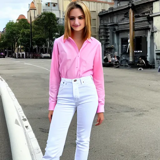 Image similar to 1 9 years old slim gabriella papadakis wearing white jean and pink shirt