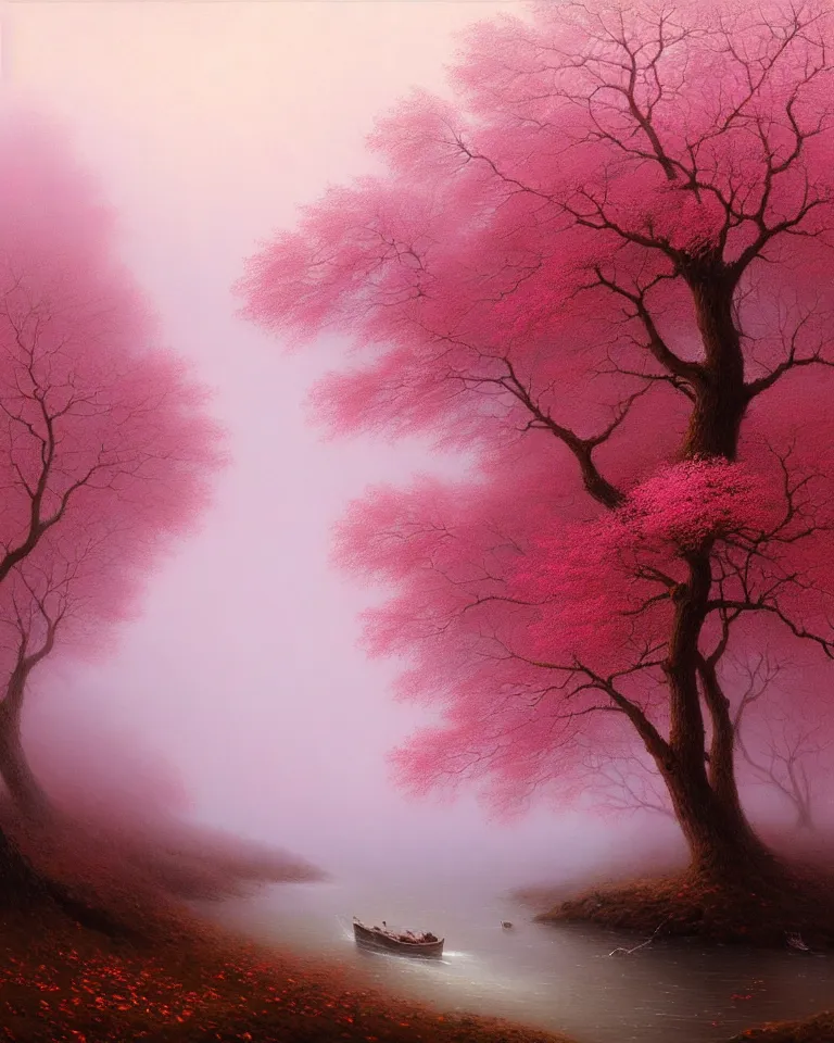 Image similar to detailed painting of a river under the oak tree, pink fog, by peter gric and ivan aivazovsky, trending on artstation