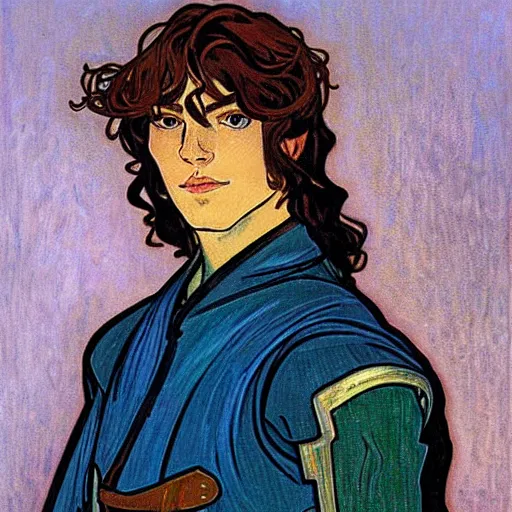 Image similar to portrait painting of young handsome beautiful paladin elf!! man with long! wavy dark hair and blue eyes in his 2 0 s named taehyung minjun james fighting a group of goblins, pale, wearing armor!, modest, elegant, cute, delicate, soft facial features, art by alphonse mucha, vincent van gogh, egon schiele,