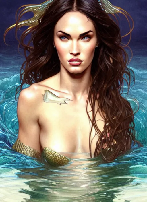 Image similar to portrait of megan fox as mermaid, fishtail, ocean, seashells, intricate, headshot, highly detailed, digital painting, artstation, concept art, sharp focus, cinematic lighting, illustration, art by artgerm and greg rutkowski, alphonse mucha, cgsociety