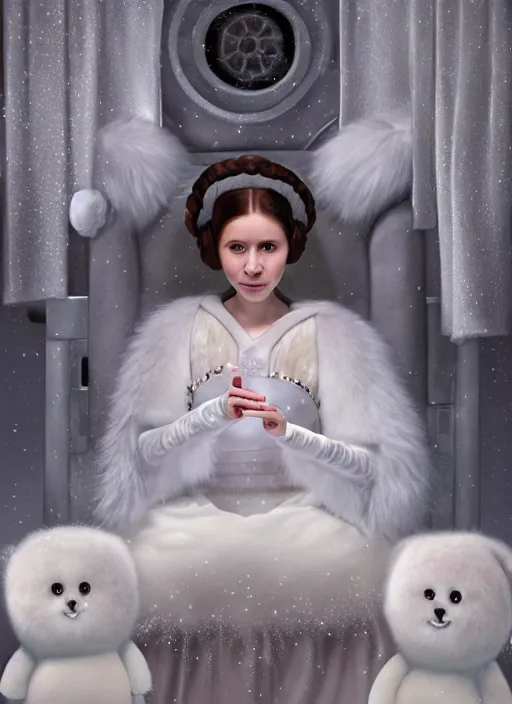 Image similar to highly detailed closeup portrait of a snow, ice princess as princess leia sitting on a throne surrounded by fluffy bears, nicoletta ceccoli, mark ryden, lostfish, earl nore, global illumination, god rays, detailed and intricate environment