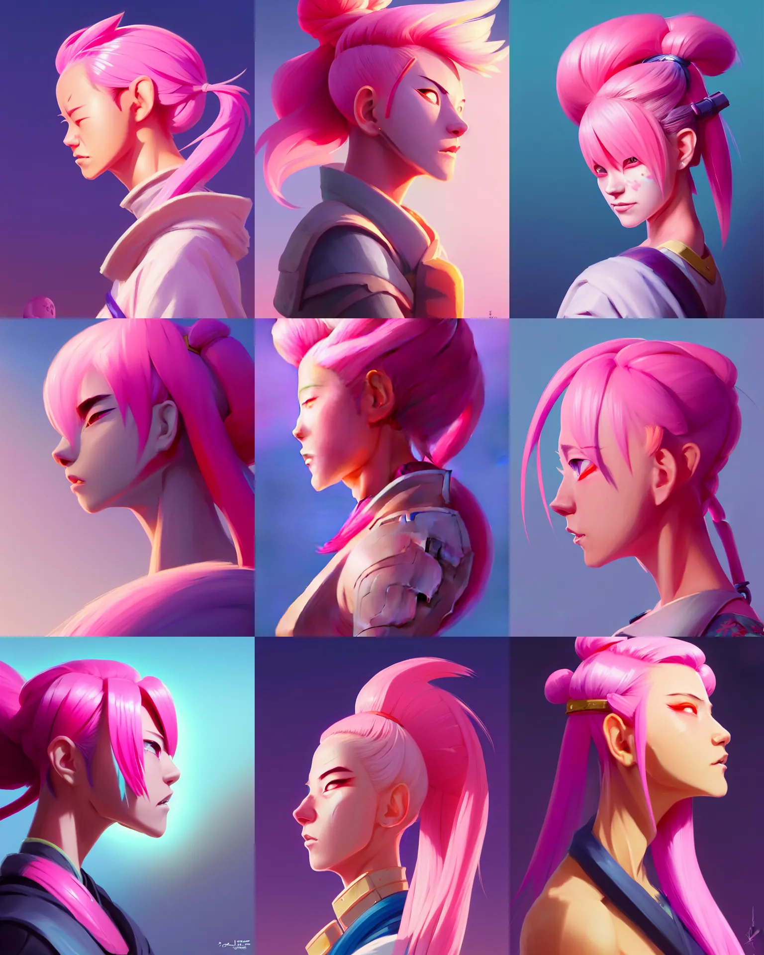 Prompt: profile painted character, pink haired samurai girl, bright backlit, key lighting, smooth, gaudy colors, maya render, octane render aesthetic, dota matte painting concept art, official fanart behance hd artstation by jesper ejsing, by rhads and lois van baarle and ilya kuvshinov and rossdraws