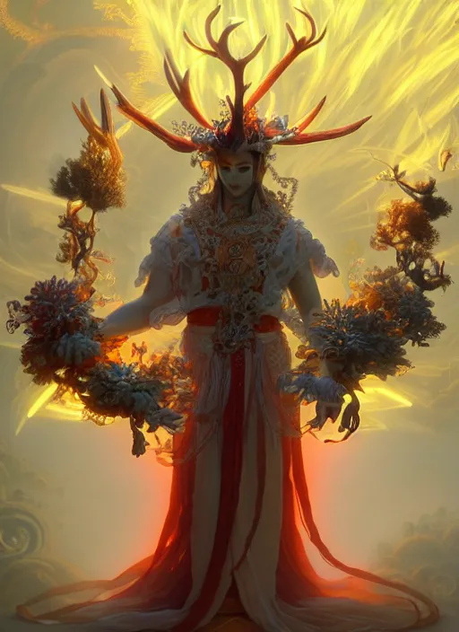 Image similar to Gigantic Deity with a halo made of fluorescent mushrooms and white antlers, flowing robes, extremly detailed digital painting, in the style of Fenghua Zhong and Ruan Jia and Peter Mohrbacher, mystical colors, rim light, beautiful lighting, 8k, stunning scene, raytracing, octane, trending on artstation