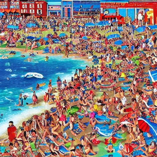 Prompt: a Where’s Waldo puzzle, location is the beach