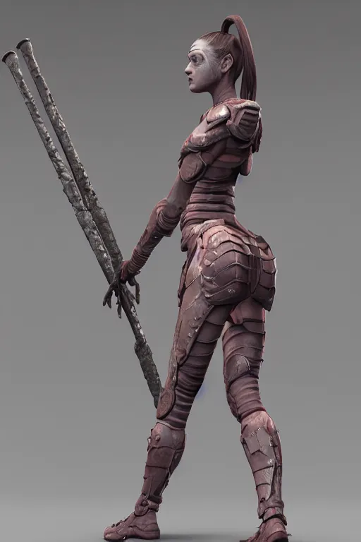 Prompt: а highly detailed zbrush sculpt of athletic girl in sci fi armor with long spear in hands, by fausto de martini, cinematic light, featured on artstation, octane render, smooth, sharp focus, 4 k.