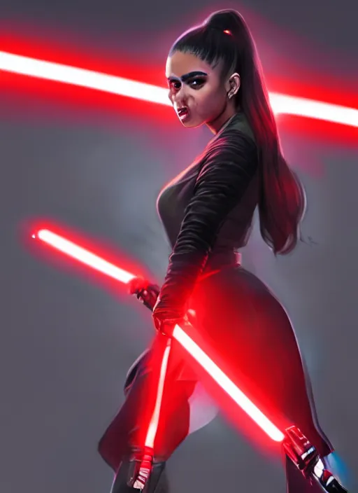 Image similar to Photo of Ariana Grande with a red lightsaber, Star Wars concept art, trending on artstation, dramatic lighting, photo-realistic