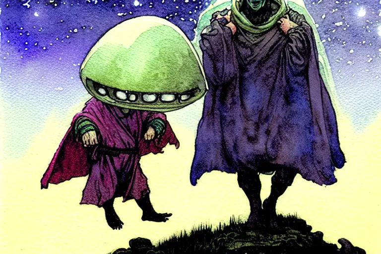 Image similar to a realistic and atmospheric watercolour fantasy character concept art portrait of a short fat chibi alien wearing robes emerging from the mist on the moors of ireland at night. a ufo is in the sky. by rebecca guay, michael kaluta, charles vess and jean moebius giraud