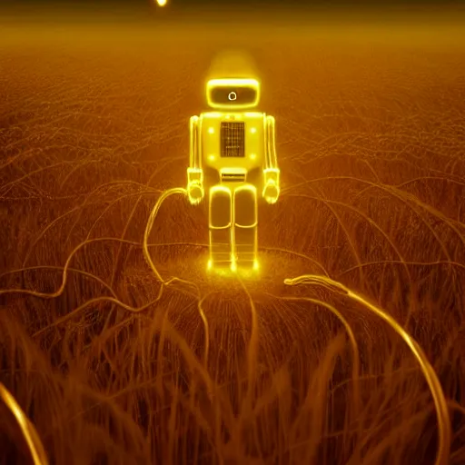 Prompt: digital painting of a glowing robot with gold wires levitating in a wheat field, synthetic humanoid smooth body, at night, stunning, cinematic lighting, concept art by greg rutkowski and simon stalenhag, artstation, cinematic, masterpice, insanely detailed, very realistic