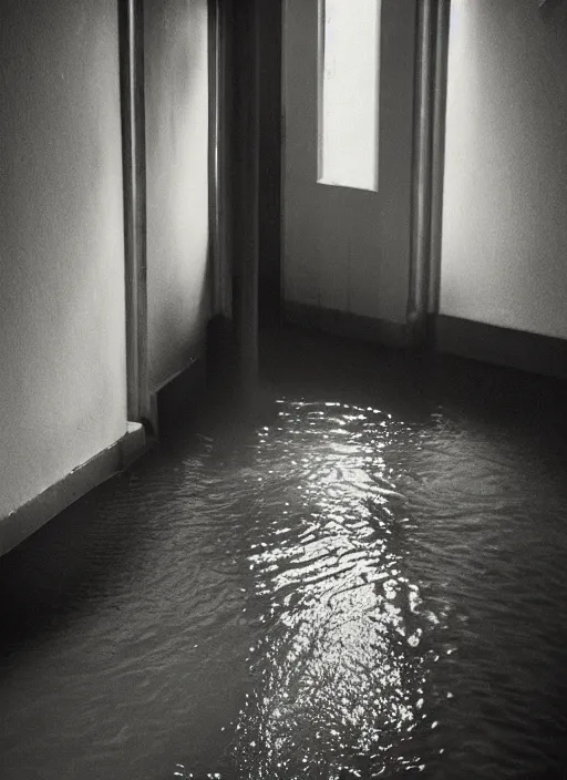 Prompt: river water rushing through an open door, a single fluorescent tube, in the style of the Dutch masters and Gregory Crewdson, dark and moody