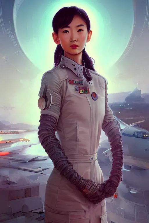 Image similar to portrait futuristic asian airforce girl, looking at the camera, expressive pose, symmetrical face, in future airport rooftop , sci-fi, fantasy, intricate, very very beautiful, elegant, human anatomy, neon light, highly detailed, digital painting, artstation, concept art, smooth, sharp focus, illustration, art by tian zi and WLOP and alphonse mucha