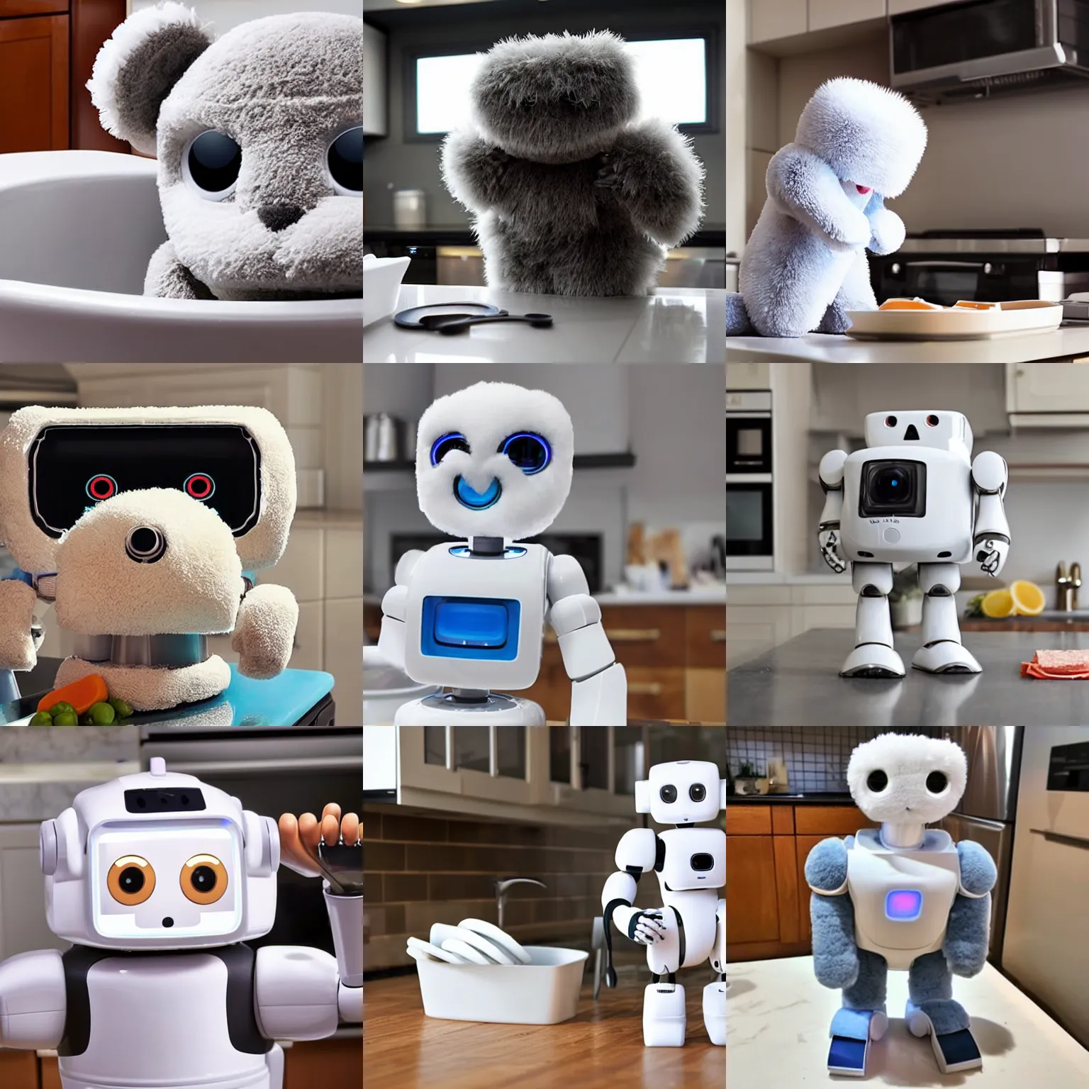 Prompt: <picture quality=hd+ mode='attention grabbing'>an adorable fluffy robot does the dishes</picture>