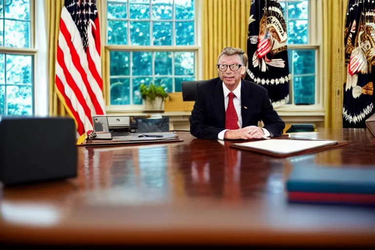 Image similar to president bill gates gives an emergency oval office address, sitting at the resolute desk, circa 2 0 2 2, professional photo, dslr, bokeh