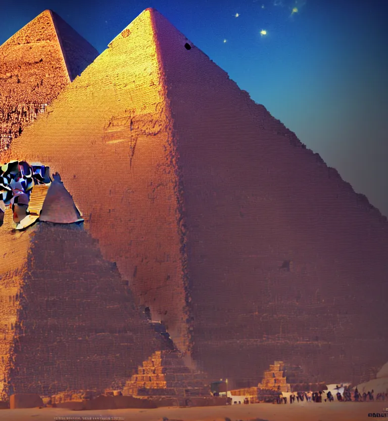 Prompt: a concept painting showing a giant cleopatra on the side of the great pyramid of giza. good quality, good light, anatomically correct, digital art, artstation 8 k