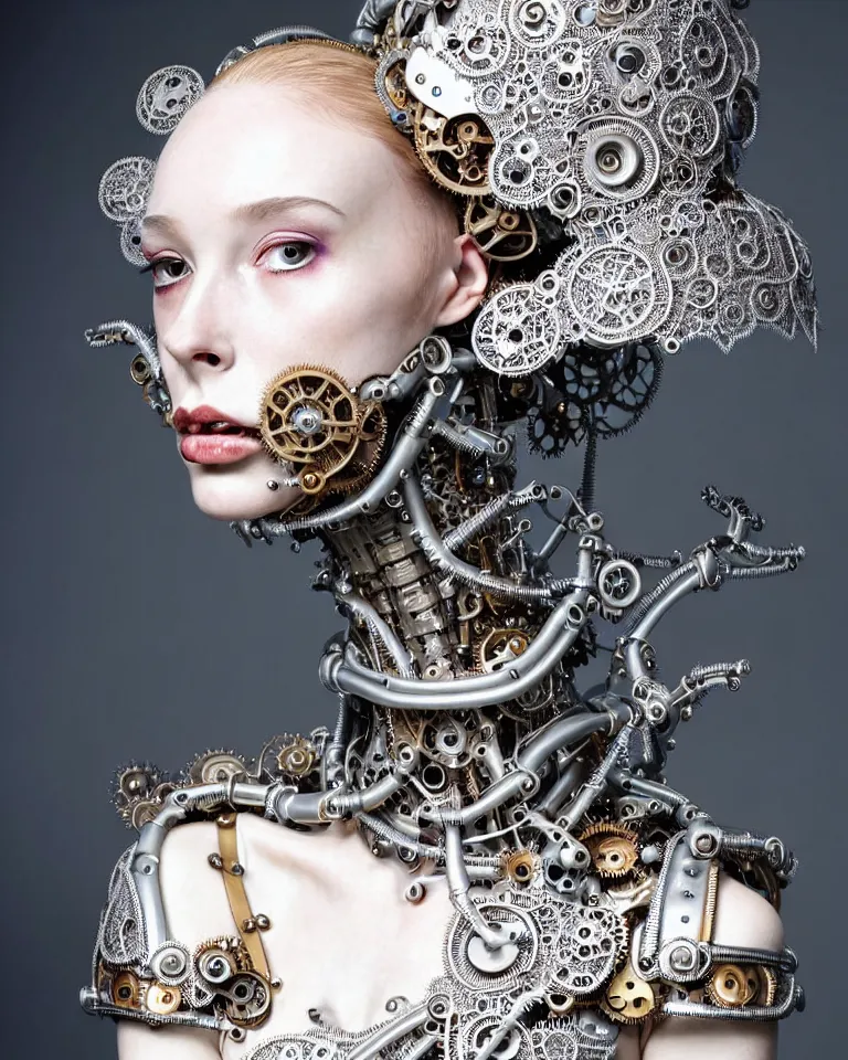 Image similar to highly detailed full body portrait of a complex bio-mechanical beautiful young female cyborg with a steampunk metal fine lace face, retrofuturistic depressing hopeless horrific vibe, full shot, pale skin, curled silver metallic hair and a fine metal floral foliage lace collar by Alexander McQueen:: high fashion, haute couture, rococo, steampunk, fine silver filigree details, anatomical, facial muscles, cable wires, microchip, elegant, hyper realistic, 150 mm lens, soft rim light, octane render, unreal engine, volumetric lighting, 8k, muted reflective metallic coloring, sharp focus