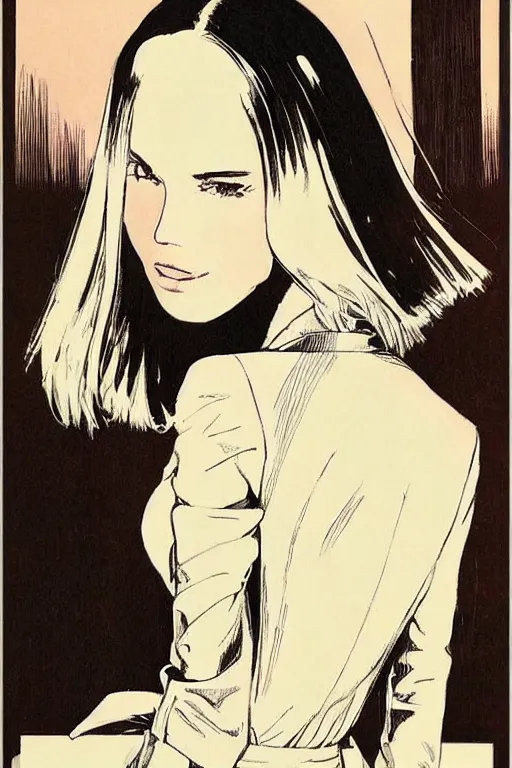 Prompt: A beautiful girl with a very stylish trenchcoat by Moebius , black medium length Dutch bob cut hair with straight bangs, poster