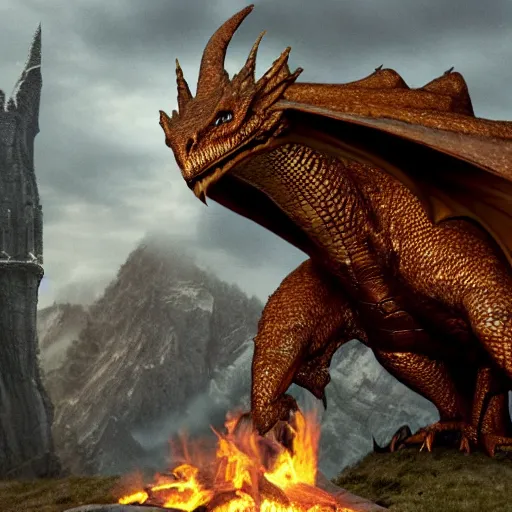 Prompt: Smaug the dragon from the Hobbit movies with Nancy Pelosi's head guarding her pile of treasure