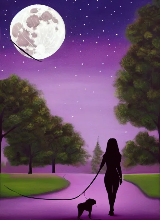 Prompt: young brown woman walking her dog in a park at night with a full moon, painting fantasy