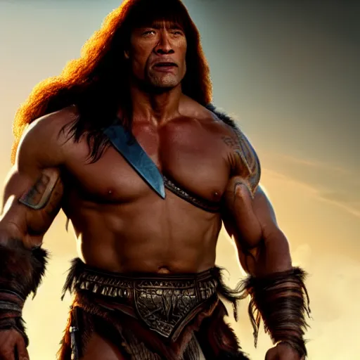 Image similar to Dwayne Johnson as Conan the Barbarian, 4k, artstation, cgsociety, award-winning, masterpiece, stunning, beautiful, glorious, powerful, fantasy art